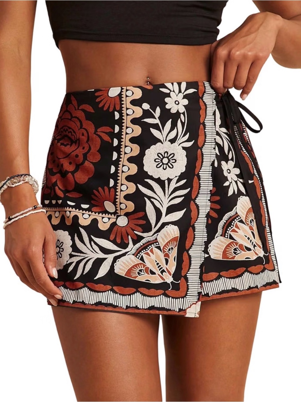 Women’s Floral Wrap Skort with Tie - Black & Brown Size M